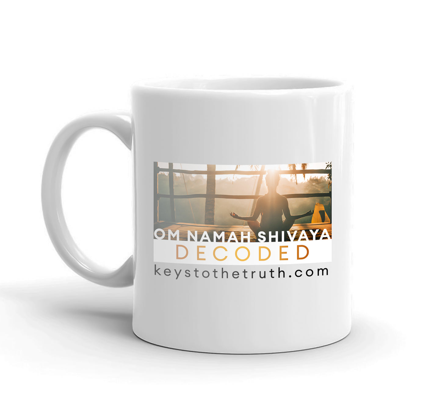 A white mug with the thumbnail print of the youtube video "Om namah shivaya decoded" and the website "keystothetruth.com".