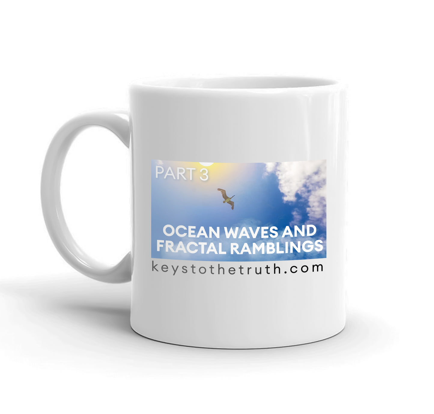 A white mug with the thumbnail print of the youtube video "ocean waves and fractal ramblings" and the website "keystothetruth.com".
