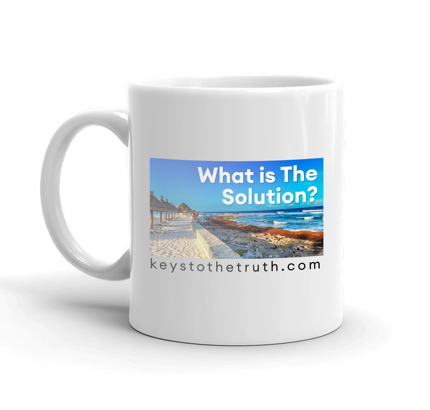 A white mug with the thumbnail print of the youtube video "what is the solution?" and the website "keystothetruth.com".