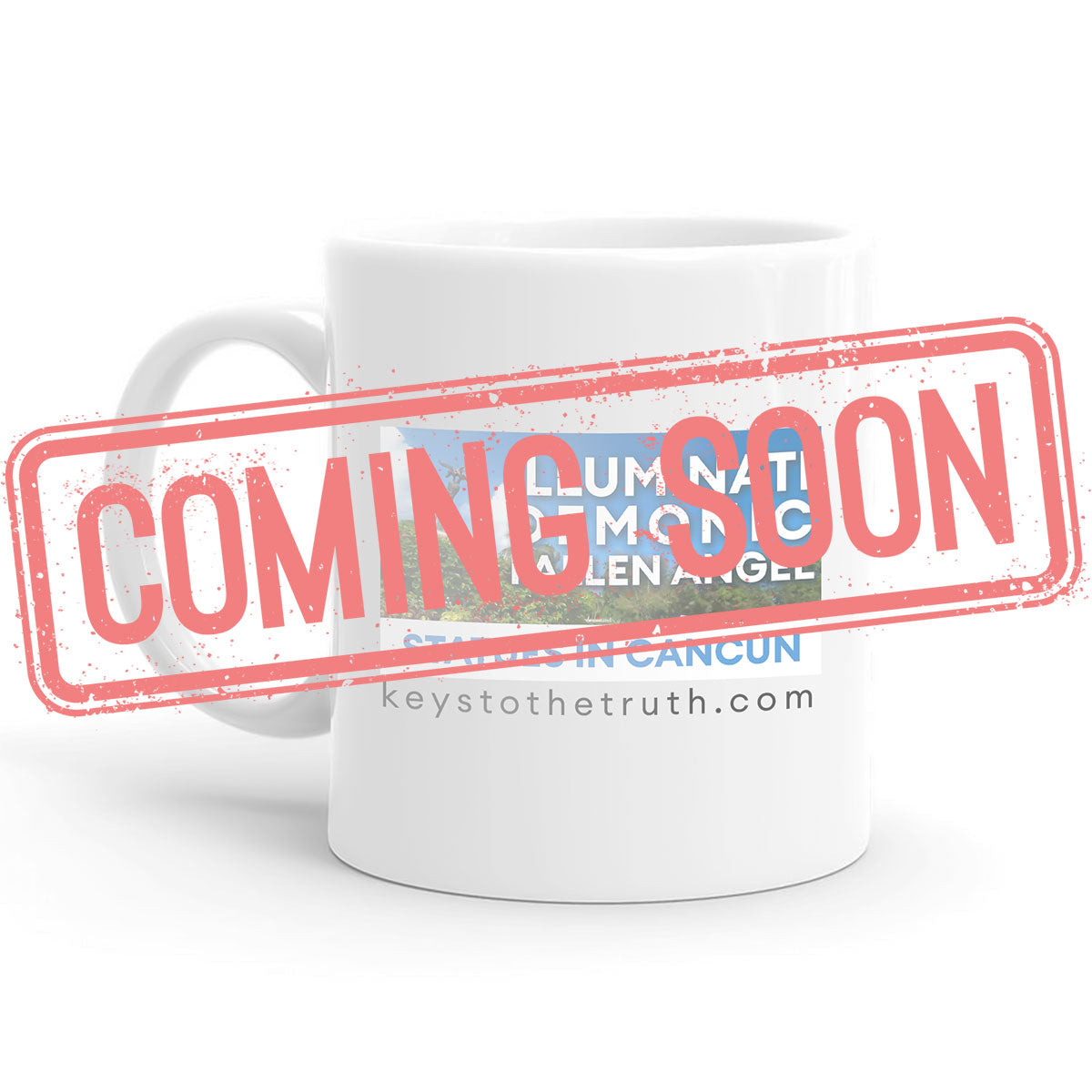 a stamp in red that says "coming soon" and a white Mug with a print on it in the background