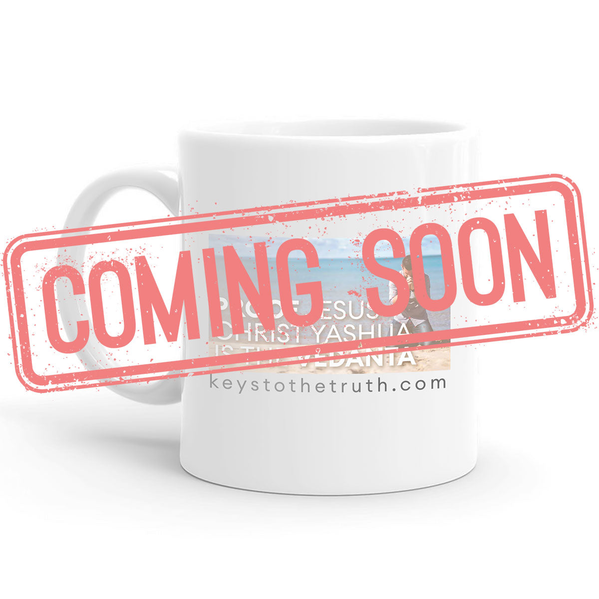 a stamp in red that says "coming soon" and a white Mug with a print on it in the background