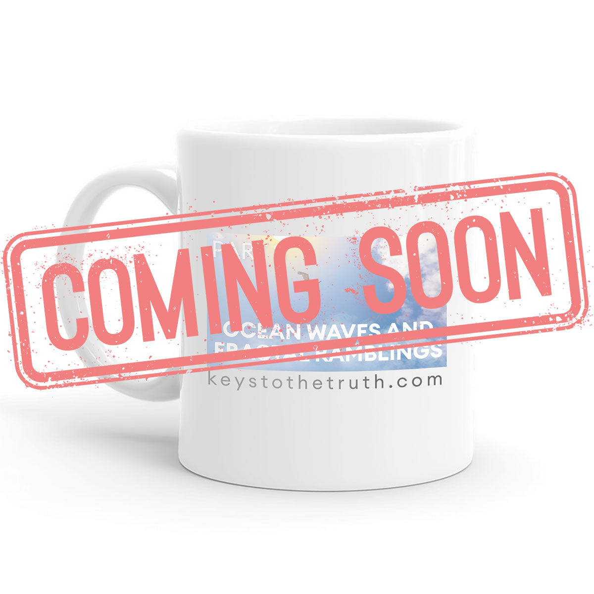 a stamp in red that says "coming soon" and a white Mug with a print on it in the background