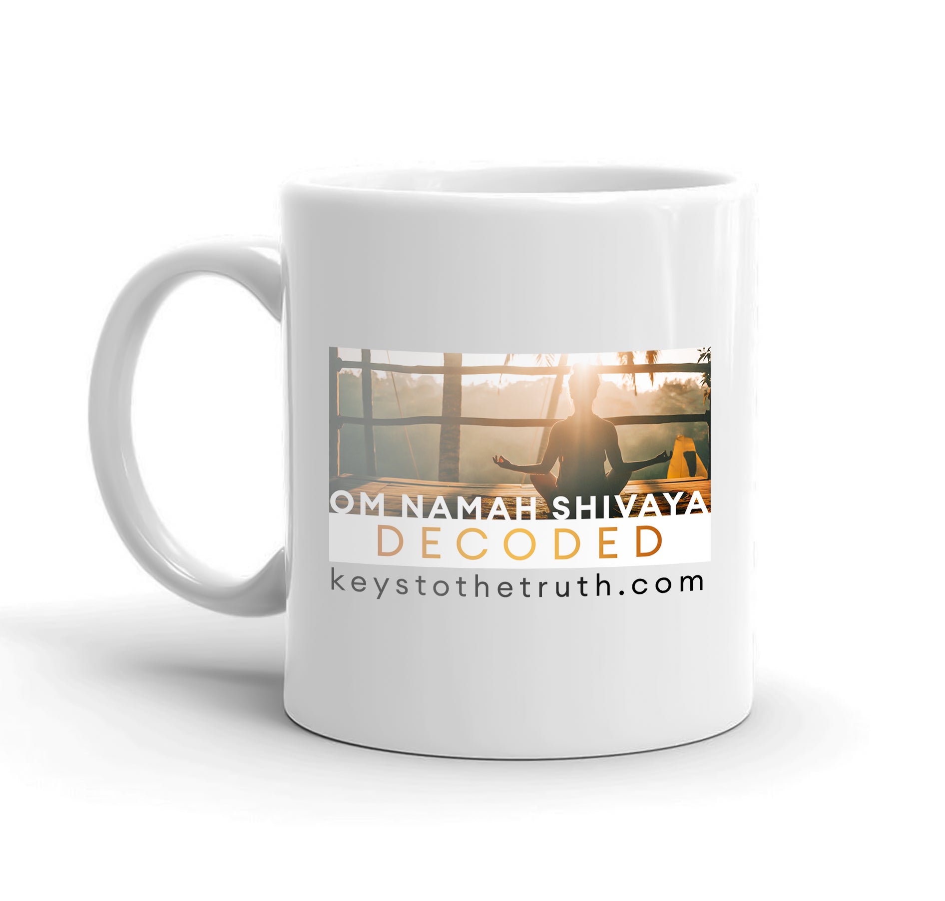 A white mug with the thumbnail print of the youtube video "Om namah shivaya decoded" and the website "keystothetruth.com".