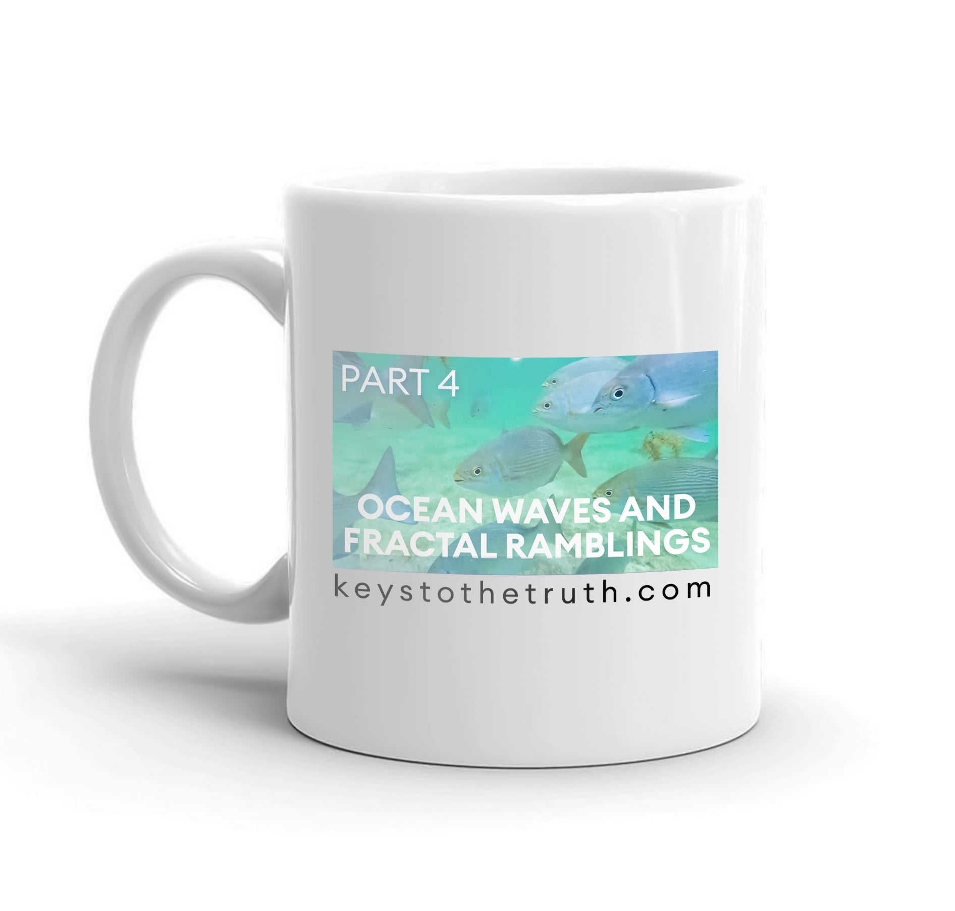 A white mug with the thumbnail print of the youtube video "ocean waves and fractal ramblings" and the website "keystothetruth.com".