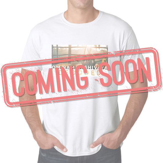 a red stamp saying "coming soon" and a person with a print on his shirt in the background