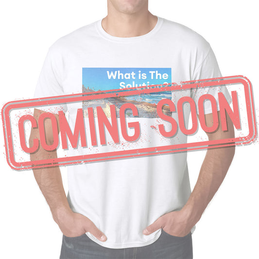 a red stamp saying "coming soon" and a person with a print on his shirt in the background