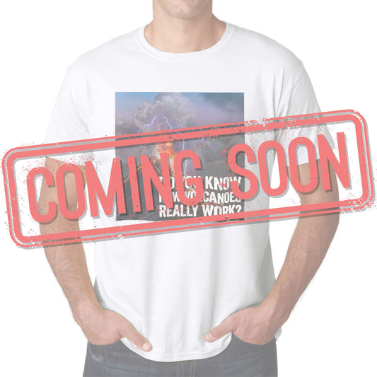 a red stamp saying "coming soon" and a person with a print on his shirt in the background