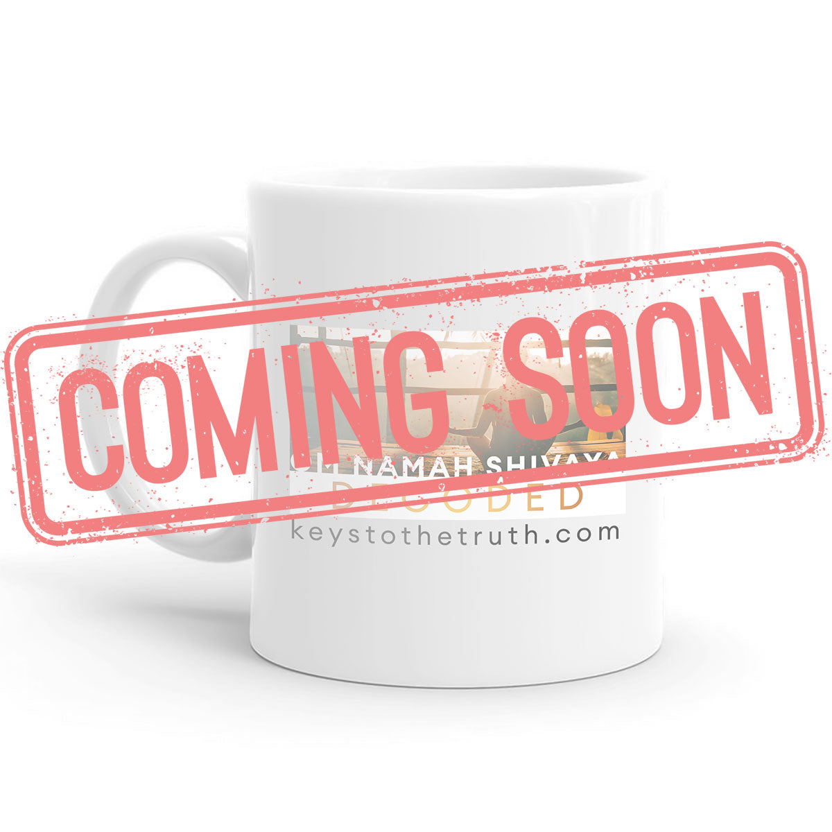 a stamp in red that says "coming soon" and a white Mug with a print on it in the background