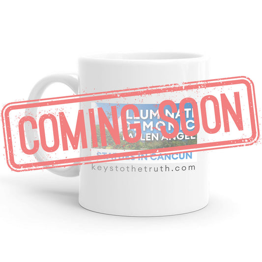 a stamp in red that says "coming soon" and a white Mug with a print on it in the background
