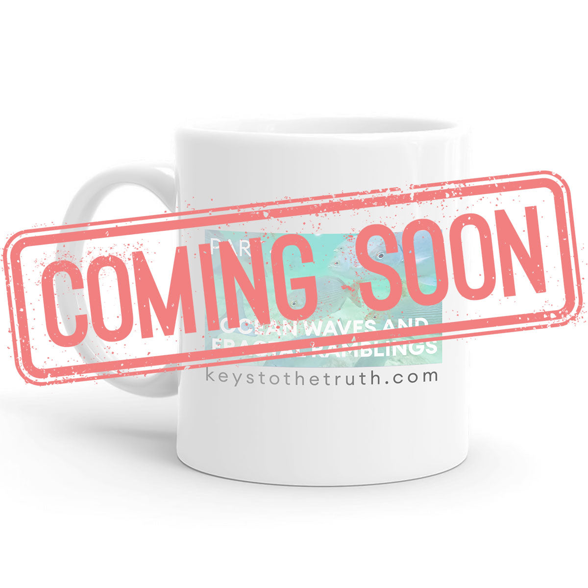 a stamp in red that says "coming soon" and a white Mug with a print on it in the background