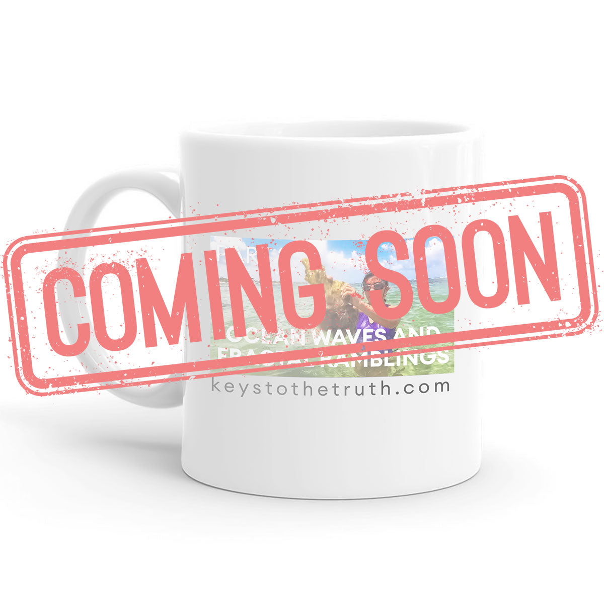 a stamp in red that says "coming soon" and a white Mug with a print on it in the background