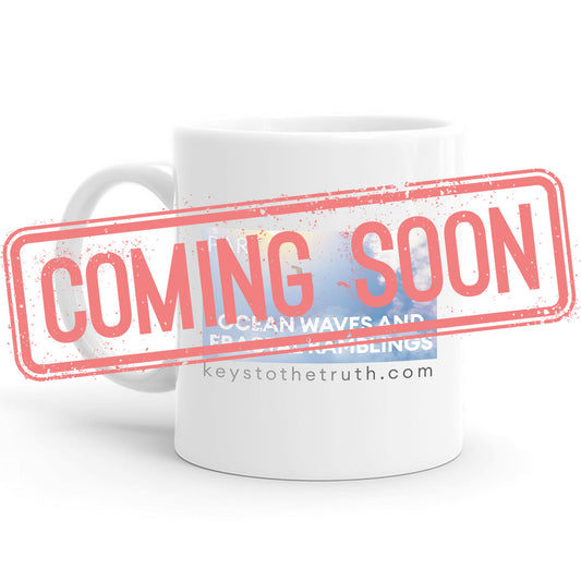 a stamp in red that says "coming soon" and a white Mug with a print on it in the background