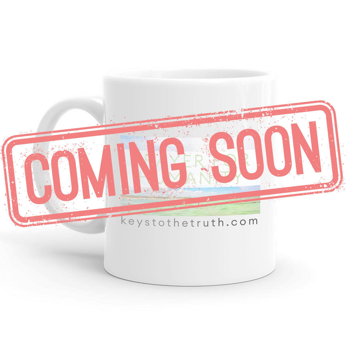 a stamp in red that says "coming soon" and a white Mug with a print on it in the background