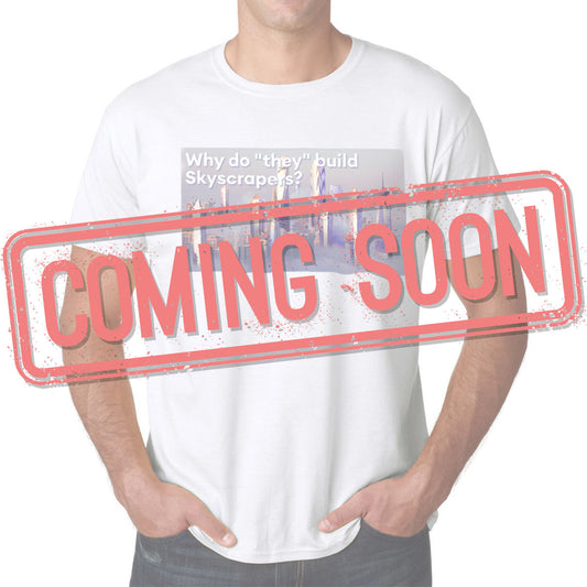 a red stamp saying "coming soon" and a person with a print on his shirt in the background