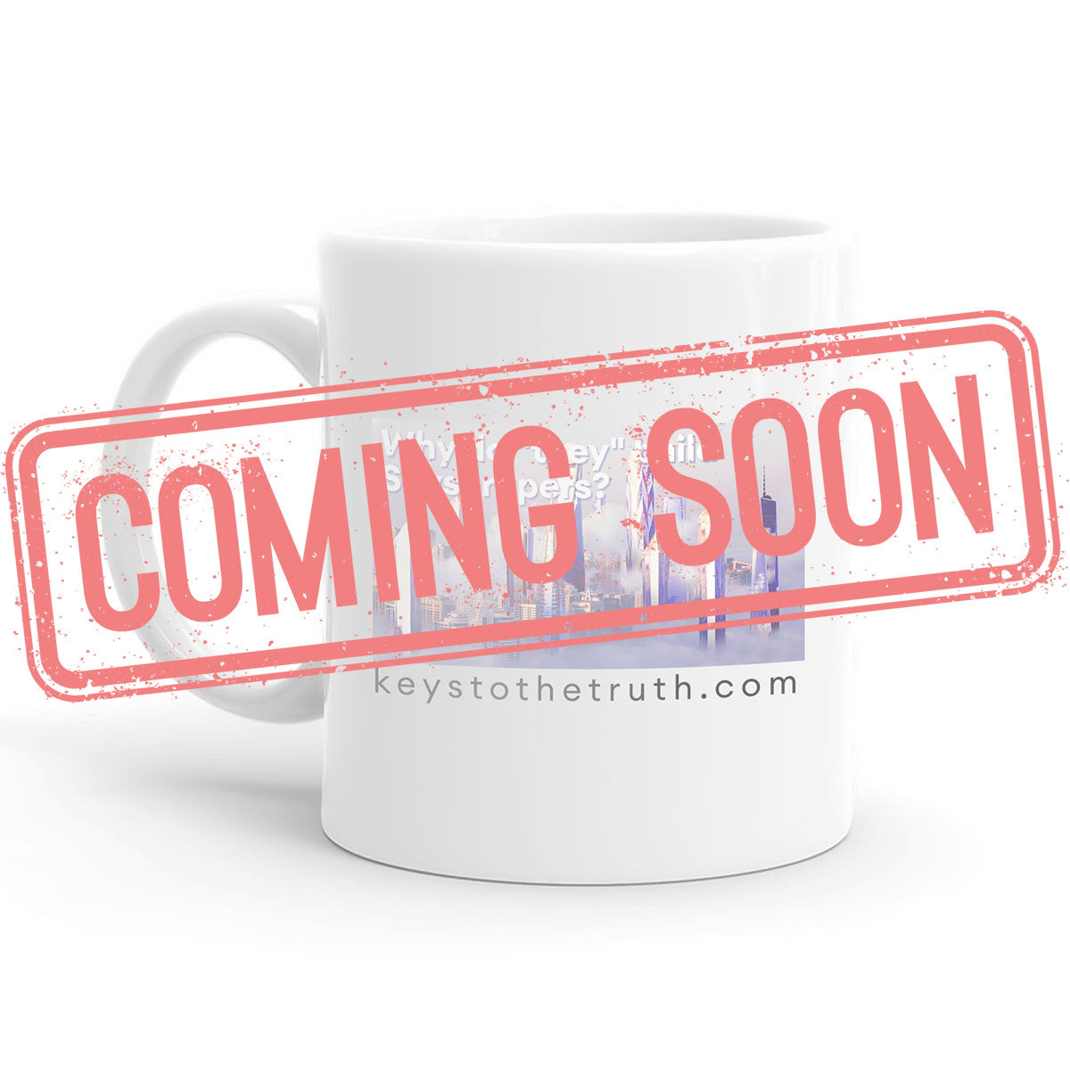 a stamp in red that says "coming soon" and a white Mug with a print on it in the background