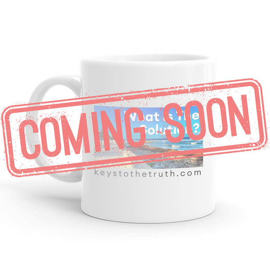 a stamp in red that says "coming soon" and a white Mug with a print on it in the background