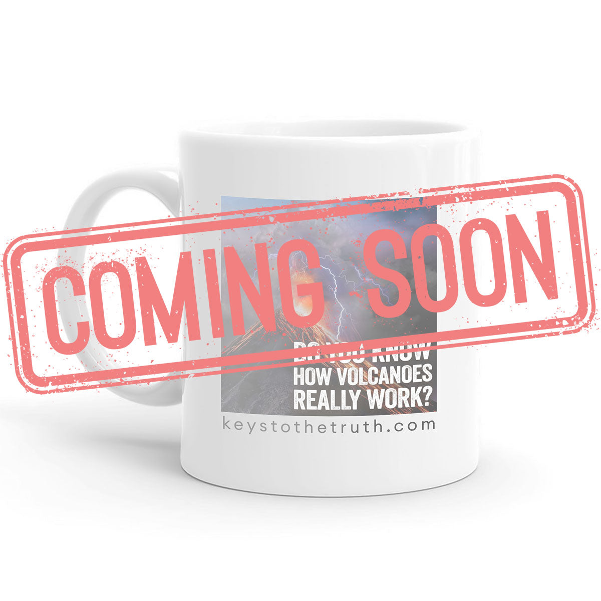 a stamp in red that says "coming soon" and a white Mug with a print on it in the background